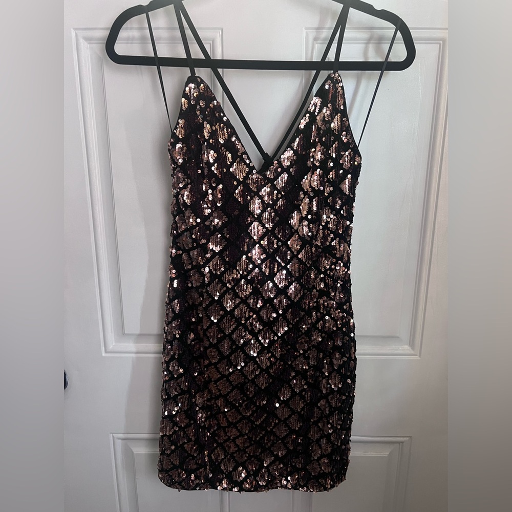 NWT Sequin Grid Slip Dress in Black and Gold